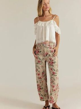 Free People Beige Floral Straight-Leg Jeans